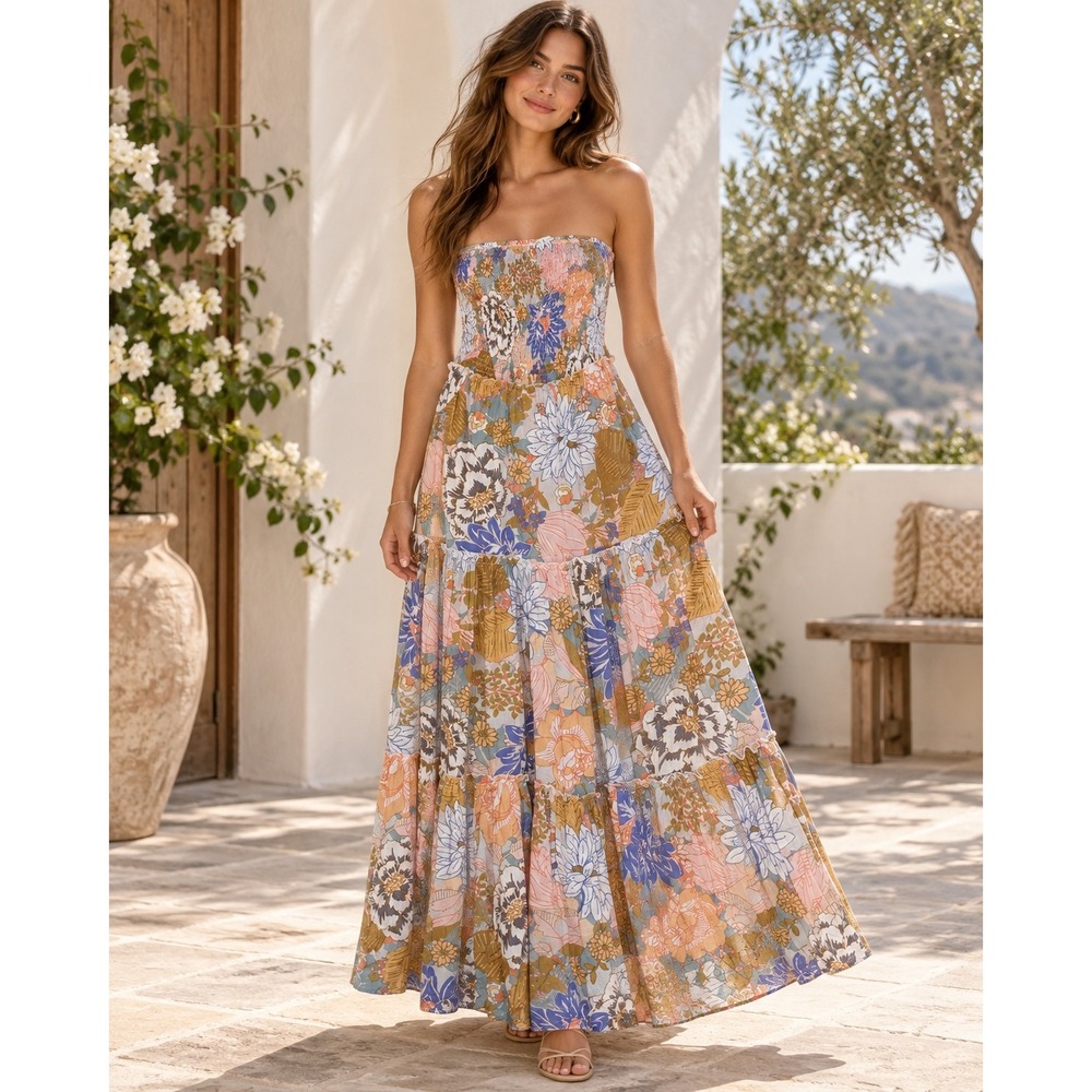 Abel The Label Maxi Dress Womens M Multi Color Floral Smocked Boho Summer Tiered